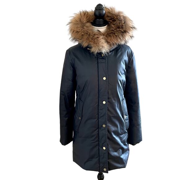 Soia & Kyo Fur Trimmed Waxed Parka Coat Jacket In Navy Indigo Size Small - Picture 2 of 13